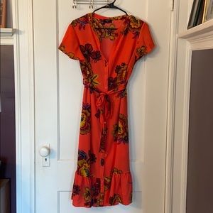 Button up floral hot pink coral knee length dress